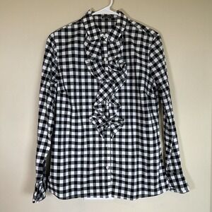 J. McLaughlin Black White Button Up Ruffle Detail Checked Long Sleeve Top Size 6